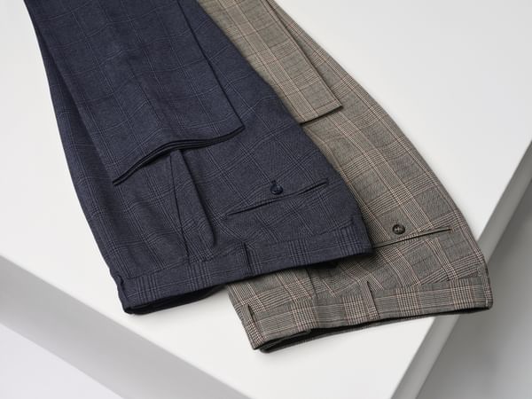Fabian Slim Fit Navy Check Pants laid out flat