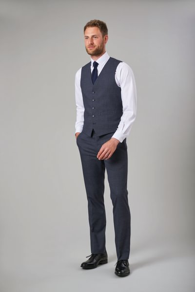 Emilio Tailored Fit  Navy Check Mens Vest with White Tofino Shirt and Fabian Navy Check Pants